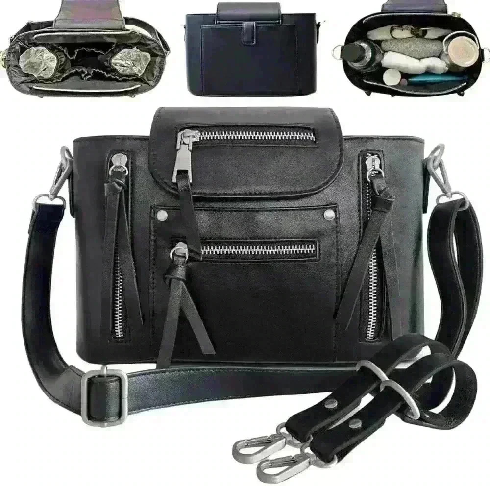 Back Leather Small Diaper Bag Crossbody Purse, Stylish Stroller Organizer Caddy - Picture 7 of 8